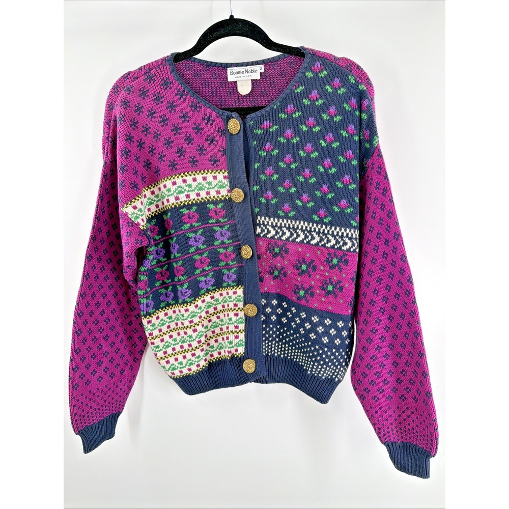Vtg Bonnie Patchwork Knit Cardigan Button Up Sweater Cottagcore 90's Womens M